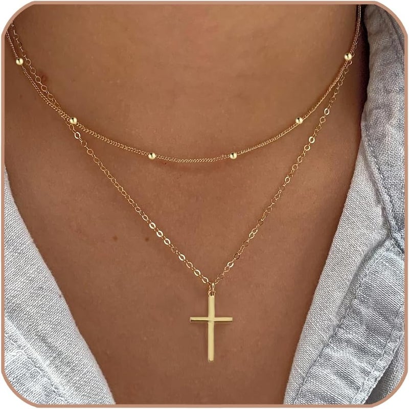 Poxtex Cross Necklace for Women Girls, Dainty 14K Gold Silver Plated Cross Choker Pendant Jewelry Non Tarnish Waterproof Trendy Cute Simple Small Necklace Easter Christian Baptism Religious Faith Jewelry Gifts - Image 1